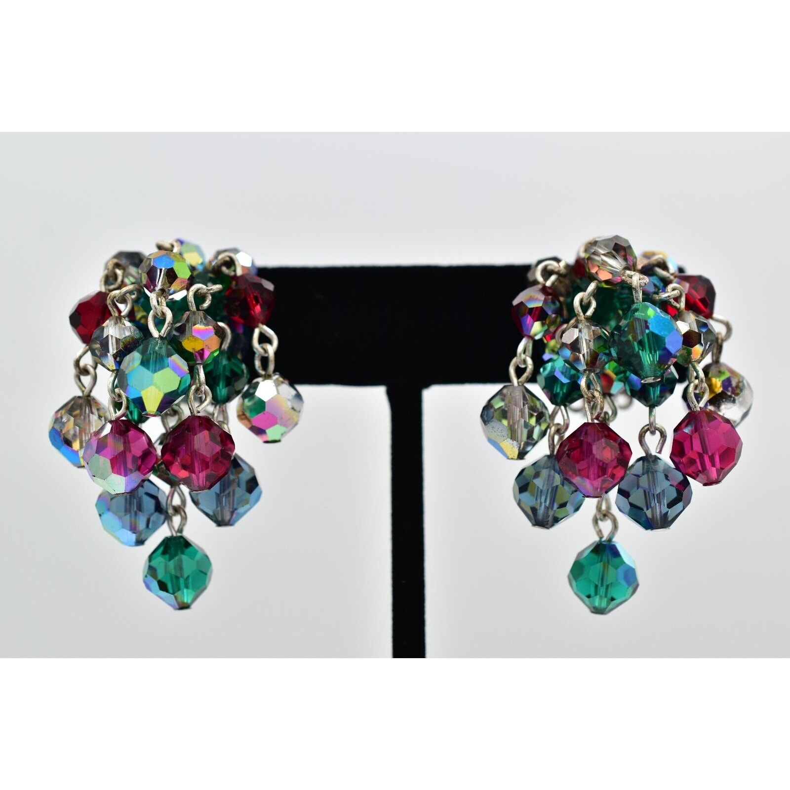 Laguna Vintage Clip On Crystal Earrings Chandelier Multi-Color Signed 1950s A24
